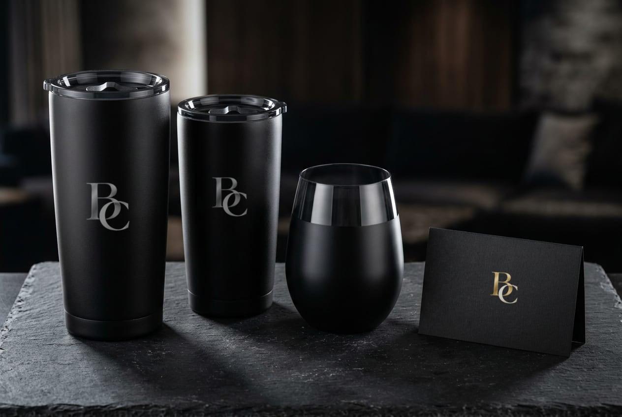 Two matte black tumblers laser-engraved with the BC monogram and a black stemless glass on dark slate, beside a gift card foil-stamped with the monogram