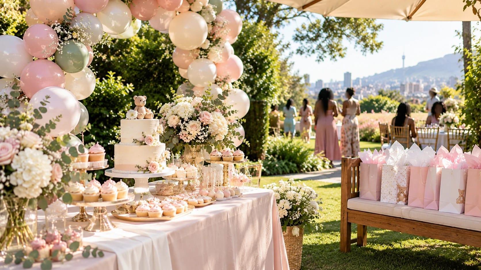 A pastel baby shower in a sunny garden: a dessert table with a tiered cake, cupcakes and flowers beneath a balloon arch, gift bags on a bench and guests beyond