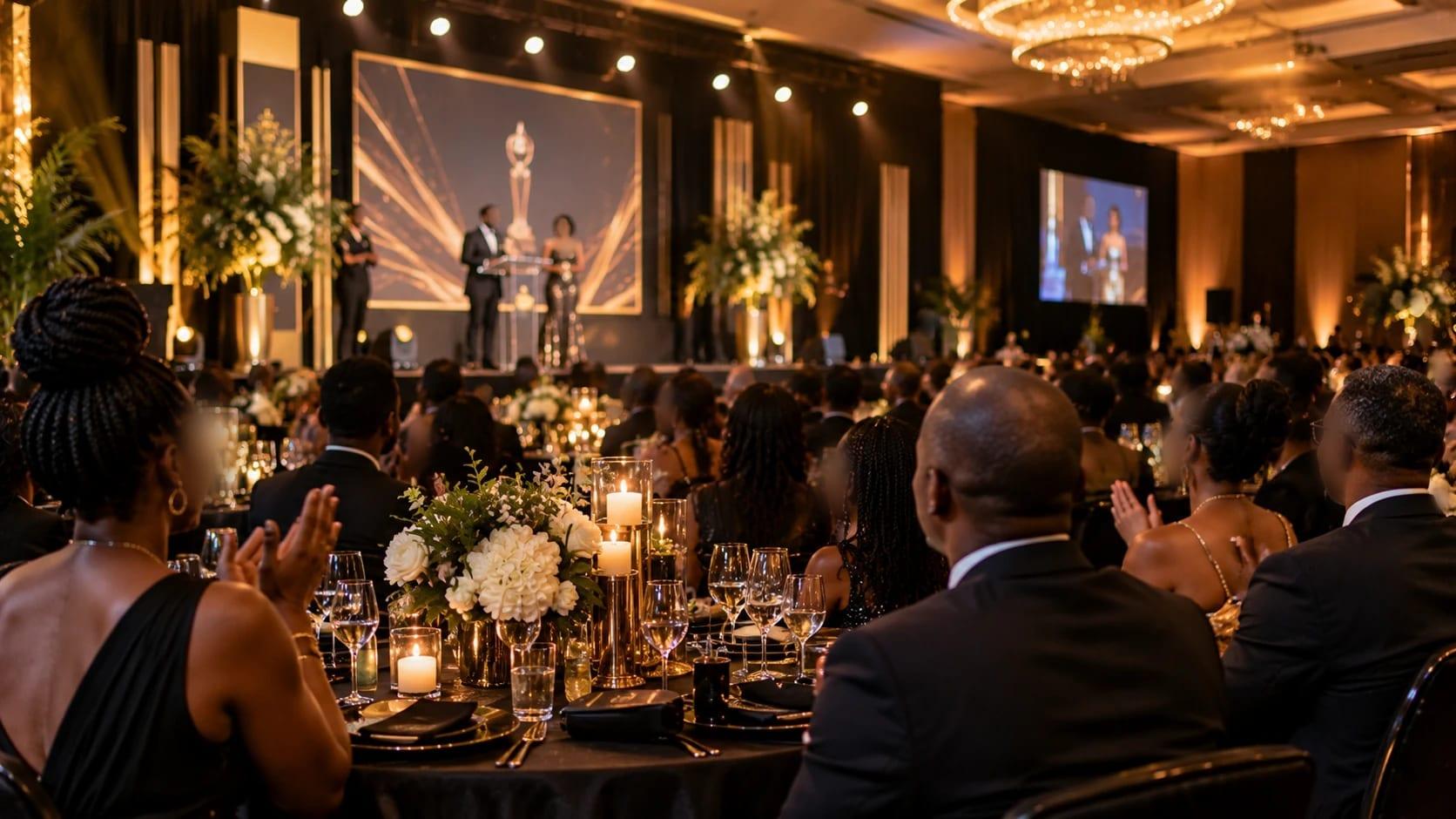 Guests in evening wear at candlelit round tables applauding two presenters at a podium on a gold-lit ballroom stage