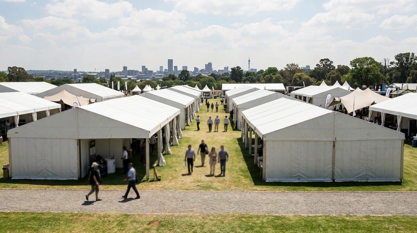 Rows of white frame marquees on a lawn at an outdoor expo, visitors walking between them and the Johannesburg skyline beyond