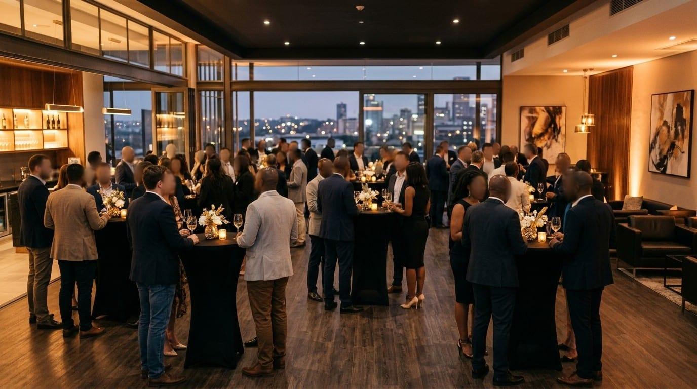 Guests in business wear talking around candlelit cocktail tables in a lounge venue, a city skyline at dusk through the windows