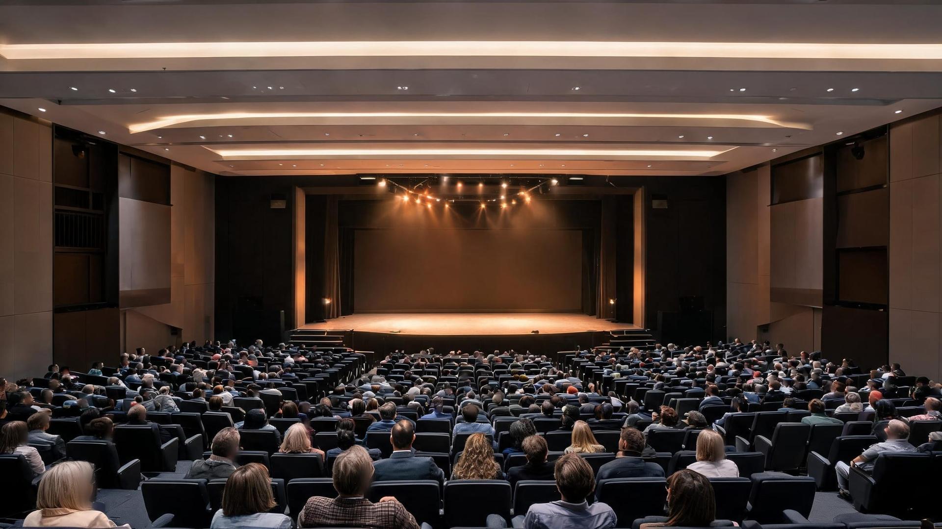 An auditorium with rows of theatre seating filled with an audience facing a softly lit stage