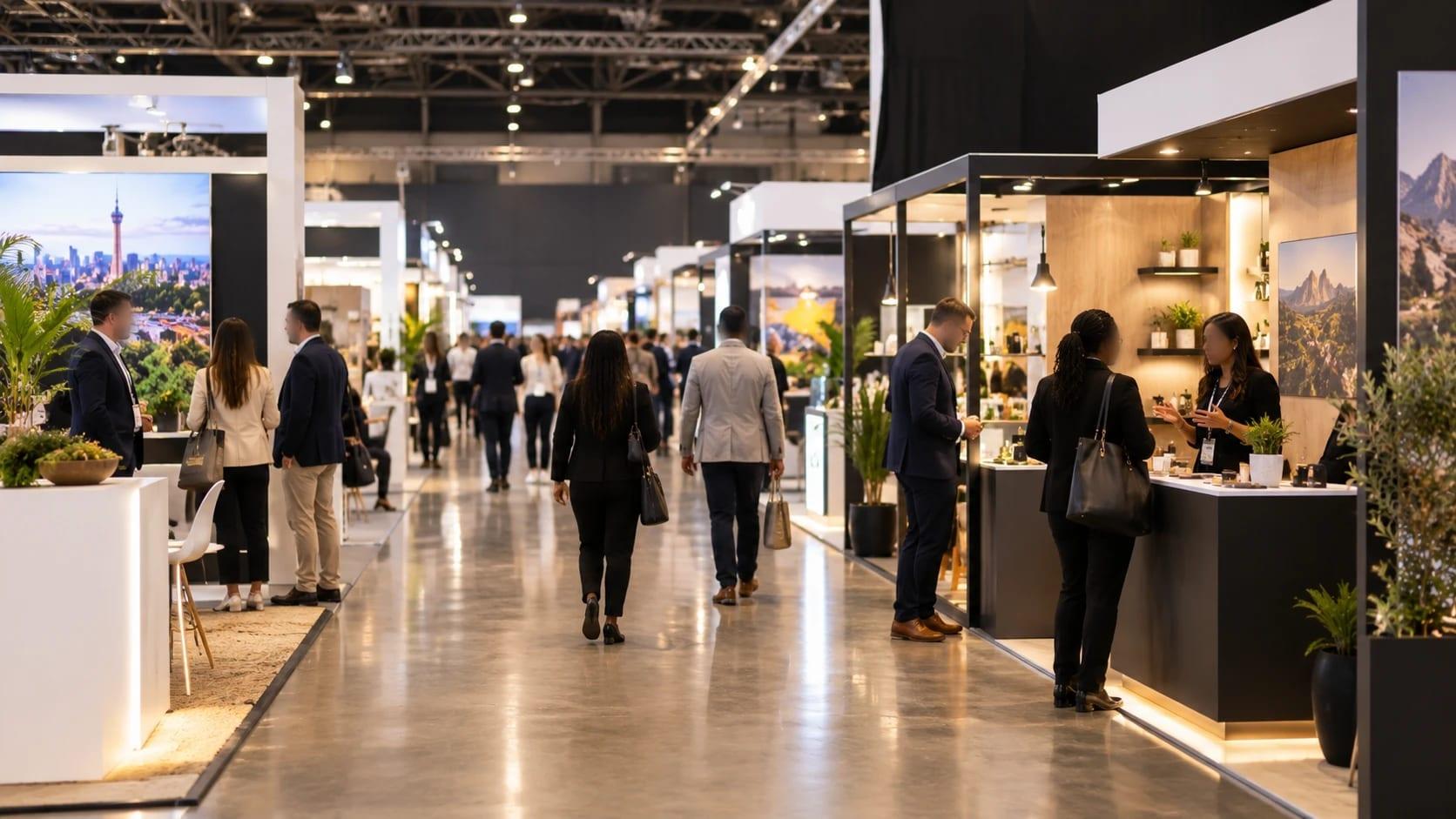 Visitors walking an aisle between modular exhibition stands in a large trade-show hall