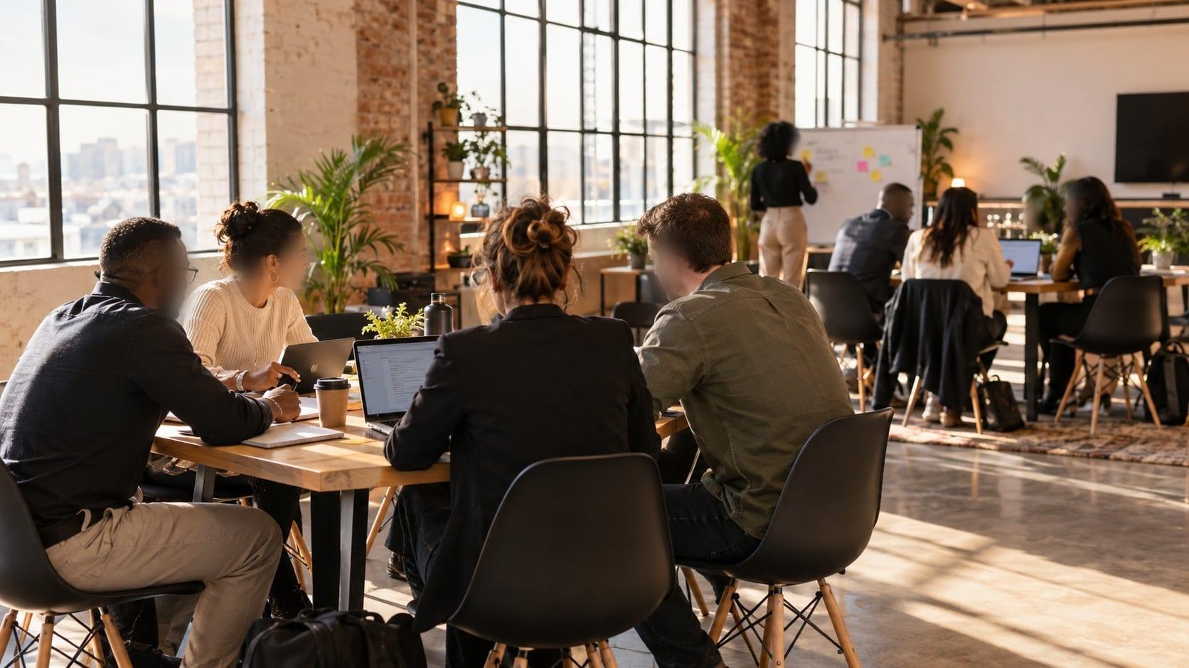 Small groups working with laptops and notebooks at tables in a sunlit brick loft, a facilitator adding notes to a whiteboard