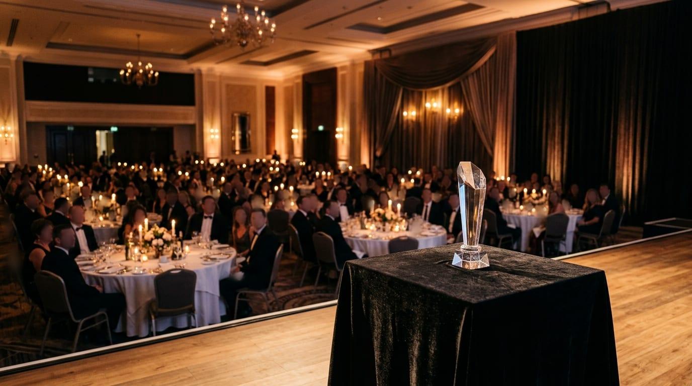 A crystal trophy on a black velvet-draped table in front of a candlelit ballroom of seated guests