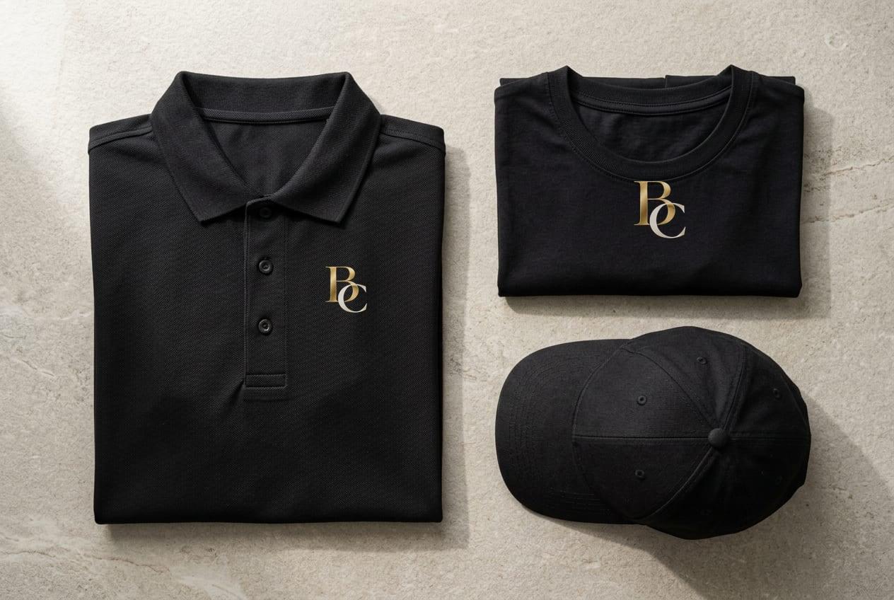 Folded black golf shirt with the gold BC monogram embroidered on the chest, beside a black T-shirt with a printed monogram and a black cap