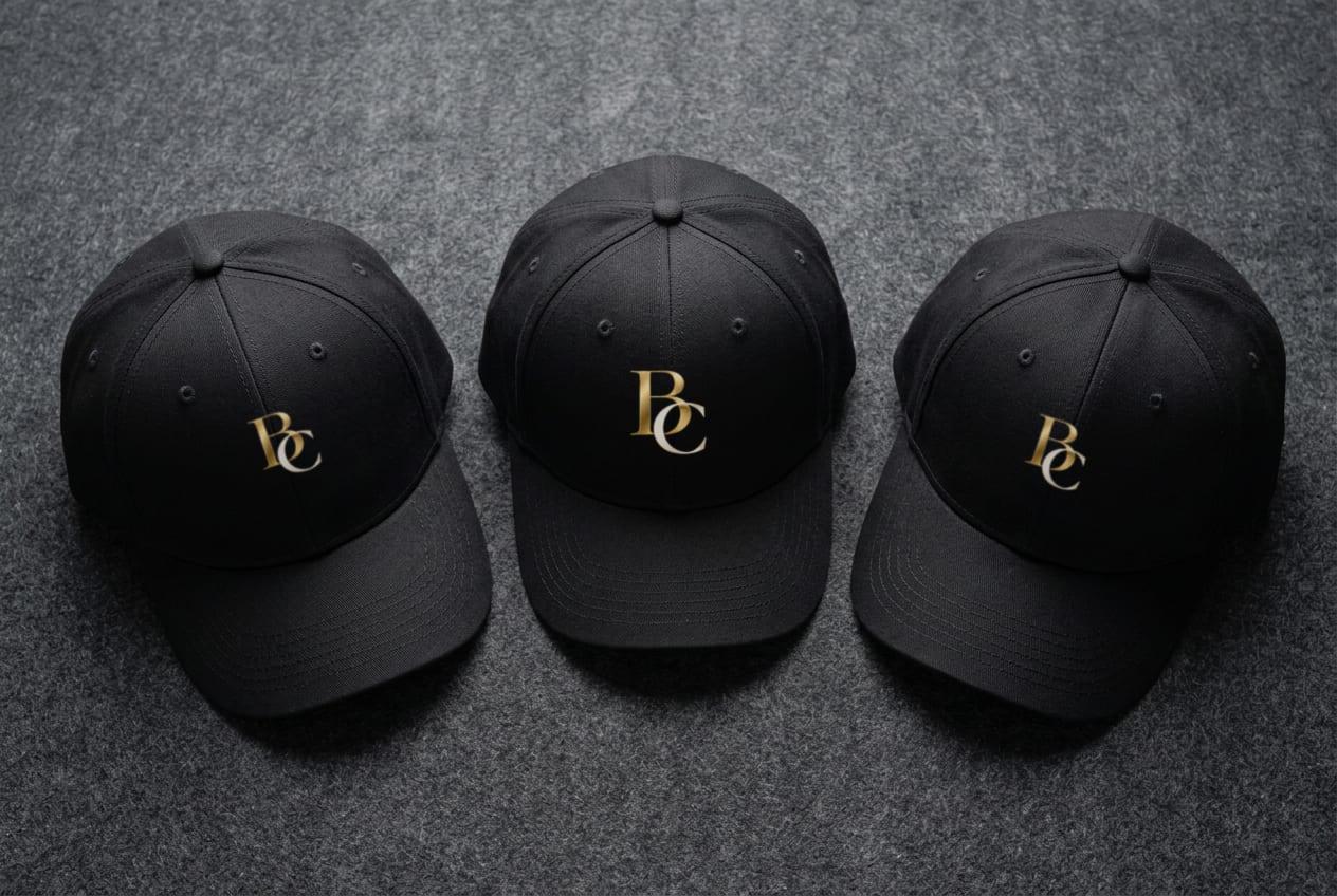 Three structured black caps on grey felt, each with the gold BC monogram embroidered on the front panel
