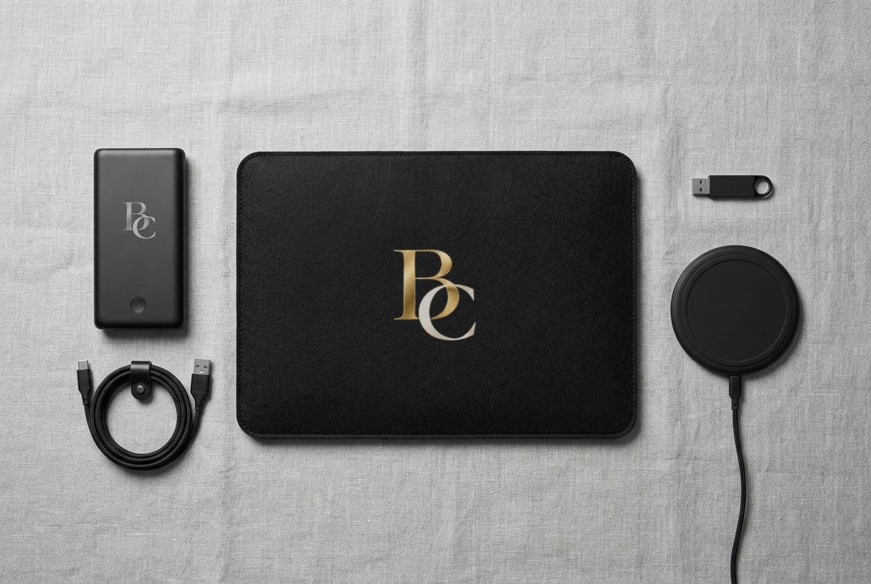 Flat lay of a black felt laptop sleeve printed with the gold BC monogram, an engraved power bank, wireless charger, USB drive and braided cable on grey linen
