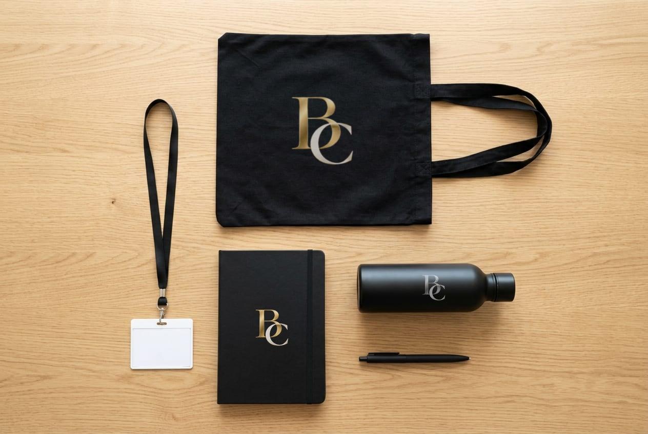 Conference delegate kit on oak: a black tote screen-printed with the BC monogram, a foil-stamped notebook, an engraved bottle, a pen and a lanyard