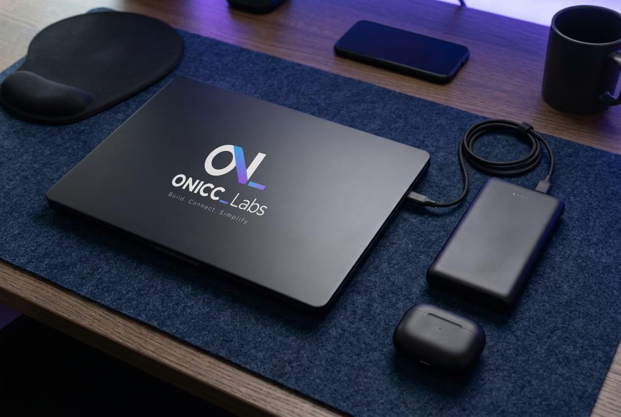Matte black laptop on a navy desk mat with the ONICC Labs logo printed on its lid, beside a power bank, earbuds case and braided cable