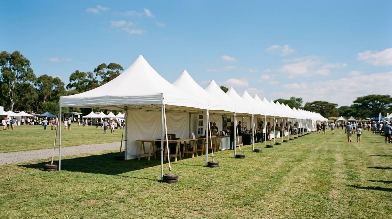 A row of white pagoda and frame marquees on a grass field configured for an outdoor exhibition