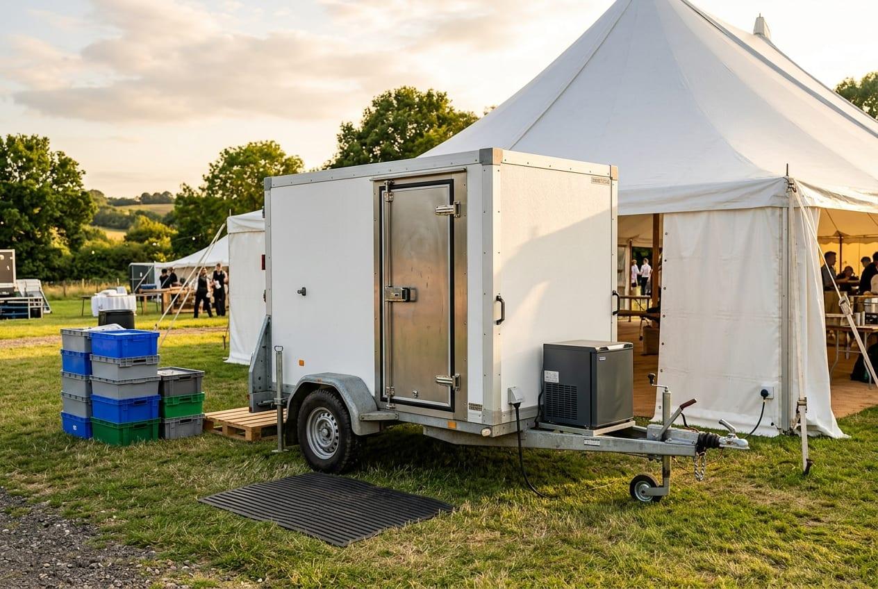 A white single-axle mobile freezer trailer parked beside an event marquee on a grass field
