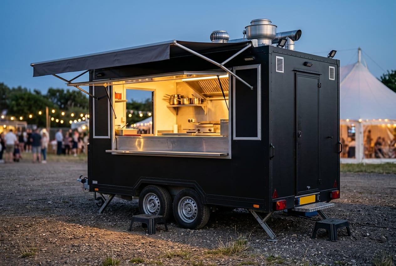 A black mobile kitchen trailer with its serving hatch open and warm light inside at an evening event