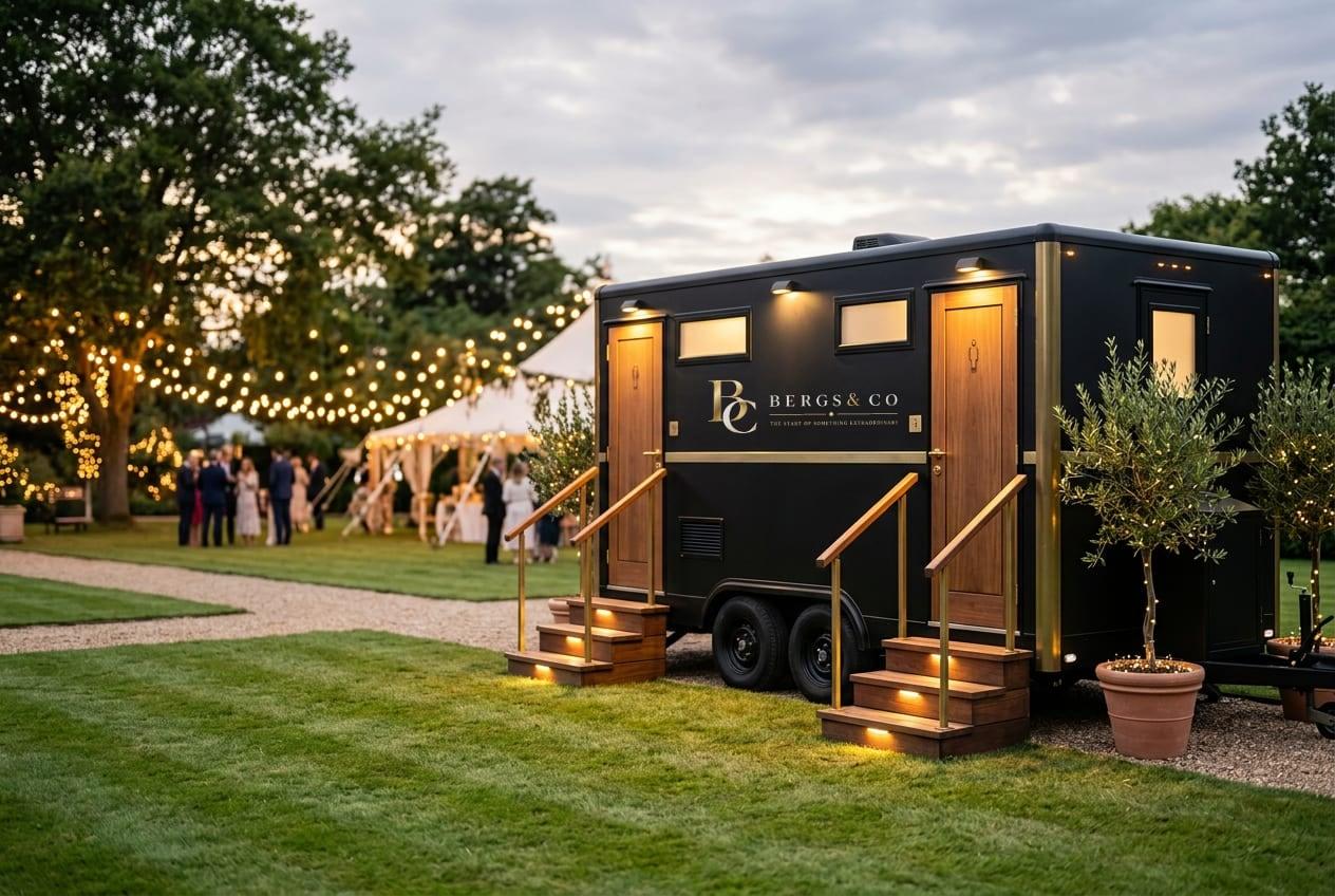 A black luxury mobile toilet trailer with brass trim, lit entrance steps and the gold Bergs & Co lockup between its doors, at an evening garden event