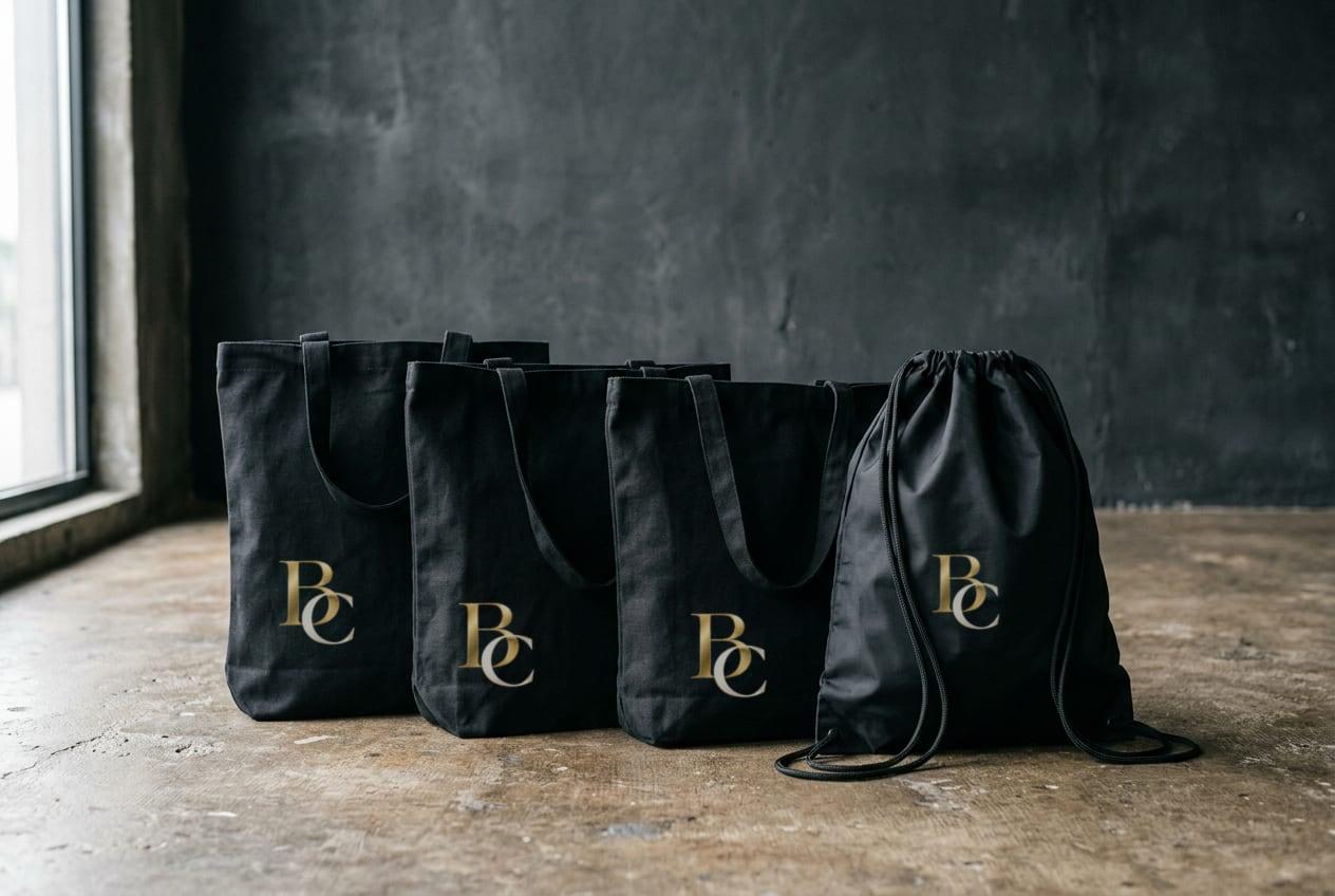 Three black canvas tote bags and a black drawstring bag standing on a concrete floor, each screen-printed with the gold BC monogram