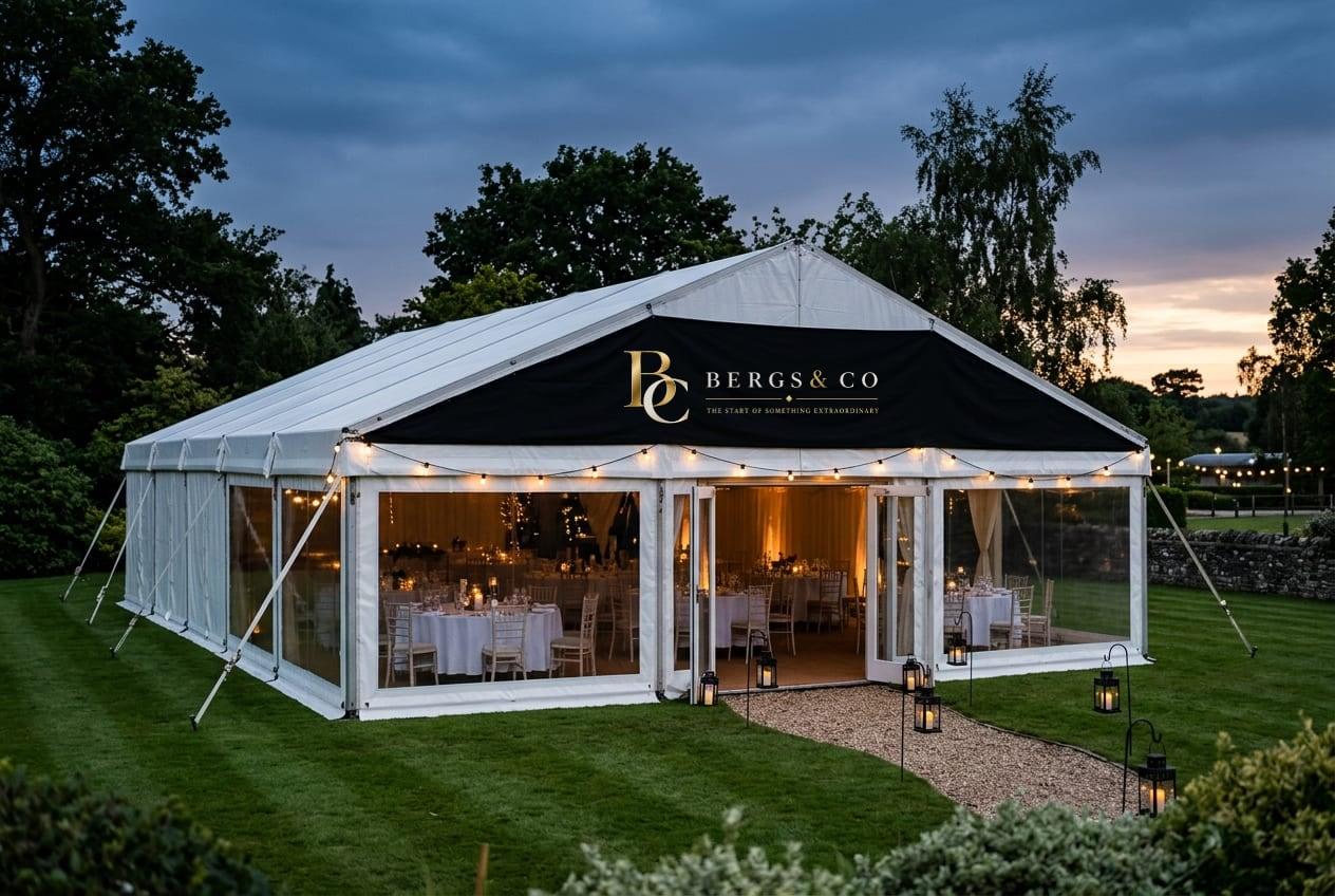White frame marquee at dusk with the gold Bergs & Co lockup on its black entrance header, candlelit tables inside and lanterns along the path