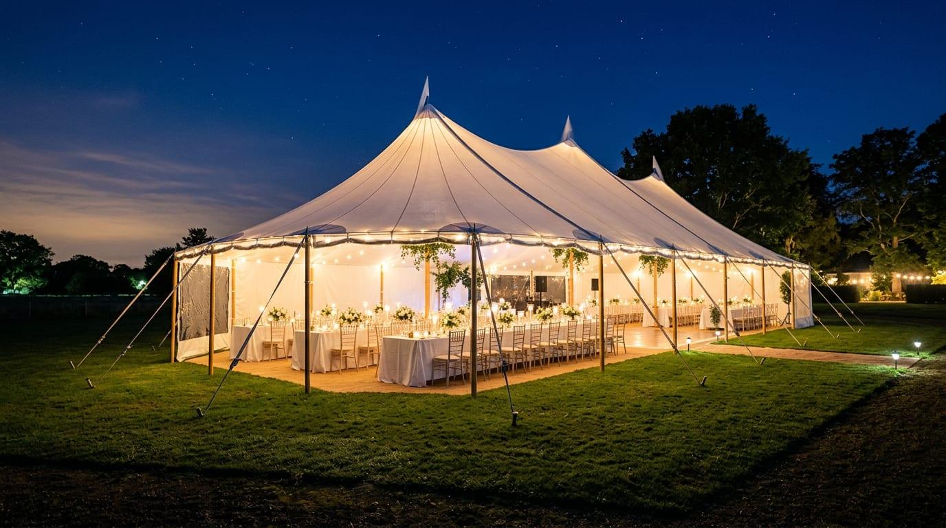 A white peak marquee glowing at night on a lawn, set inside with long candlelit tables