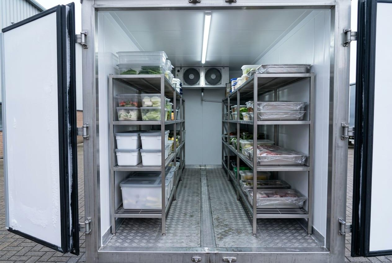 Inside a mobile cold-room trailer with stainless steel shelving and neatly stored catering containers