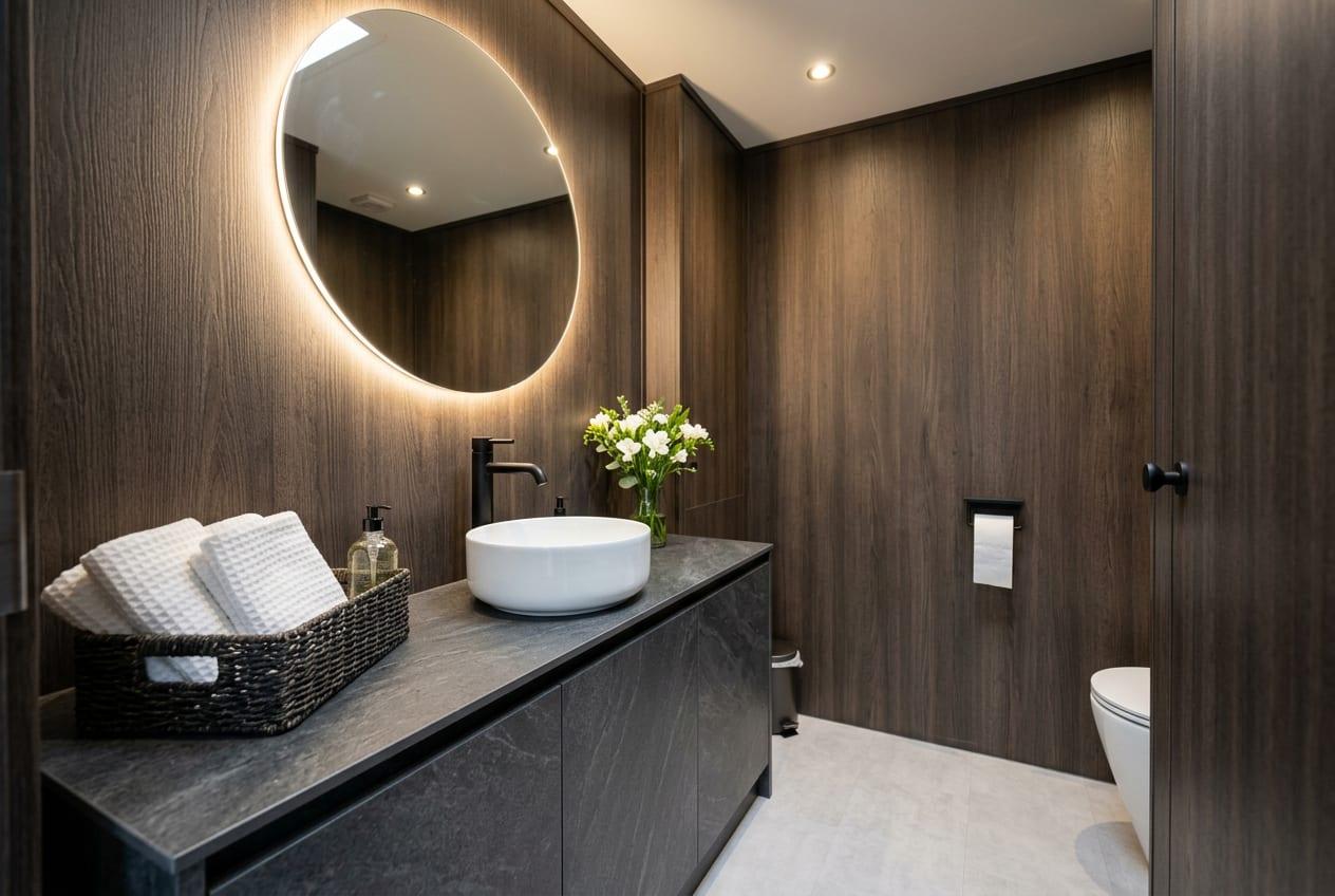 Interior of a premium mobile restroom with a stone-effect vanity, vessel basin and backlit round mirror